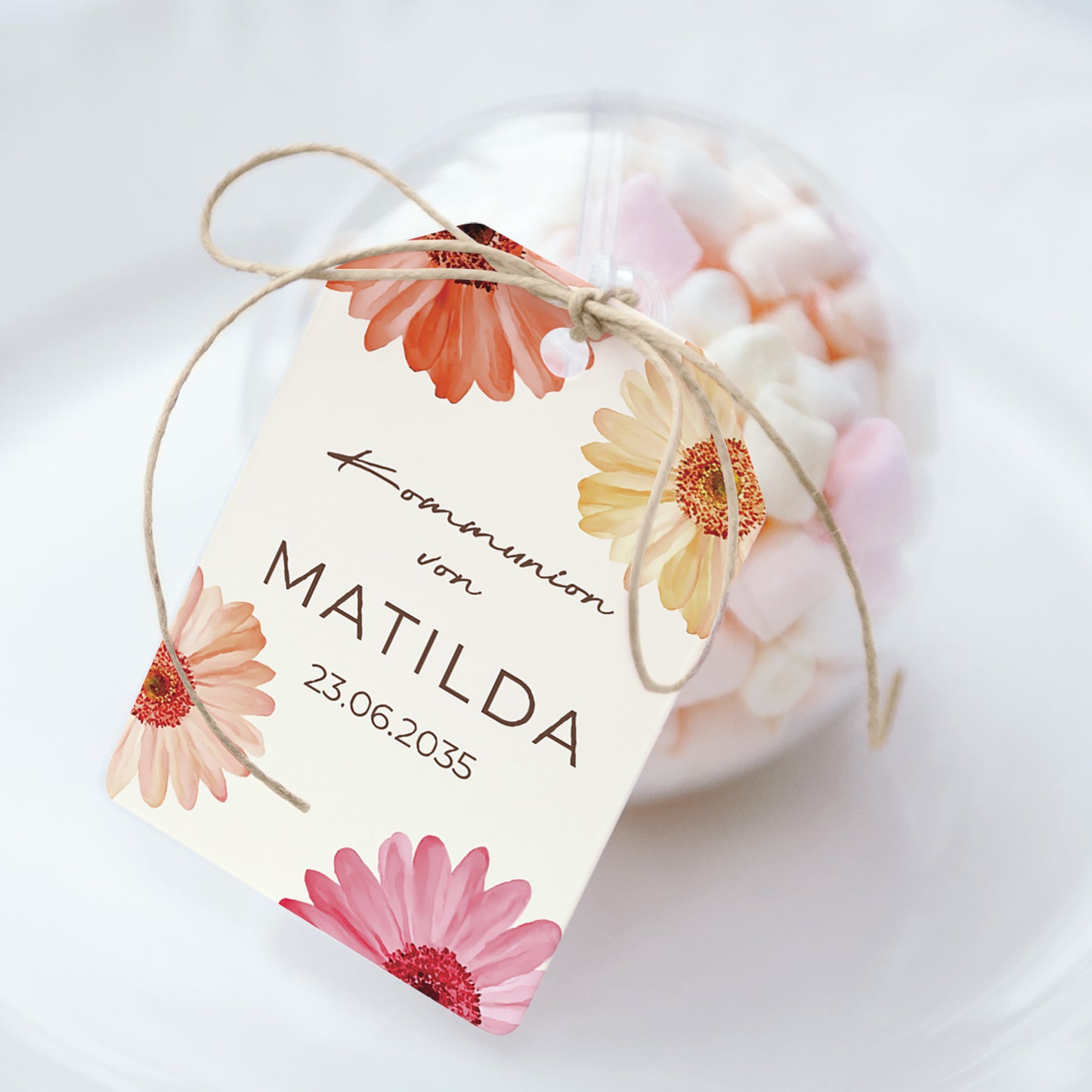 Geschenkbox Kommunion Ball mit Wimpel-Etikett Lichtblüten foto N° 1