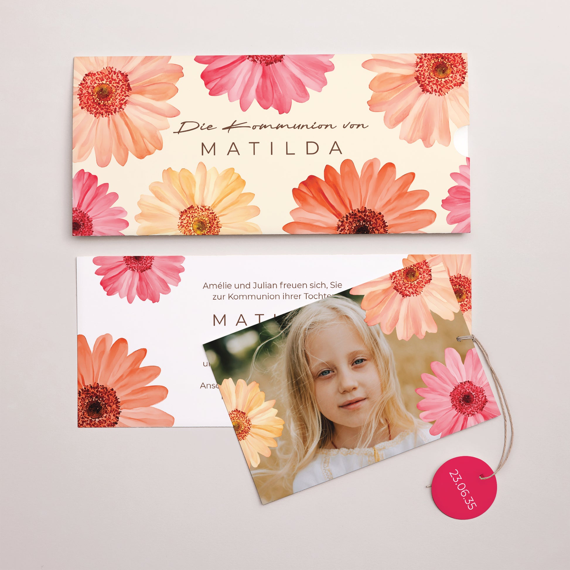 Einladungskarte Kommunion Mappe 2 Karten, Etikett Lichtblüten foto N° 3