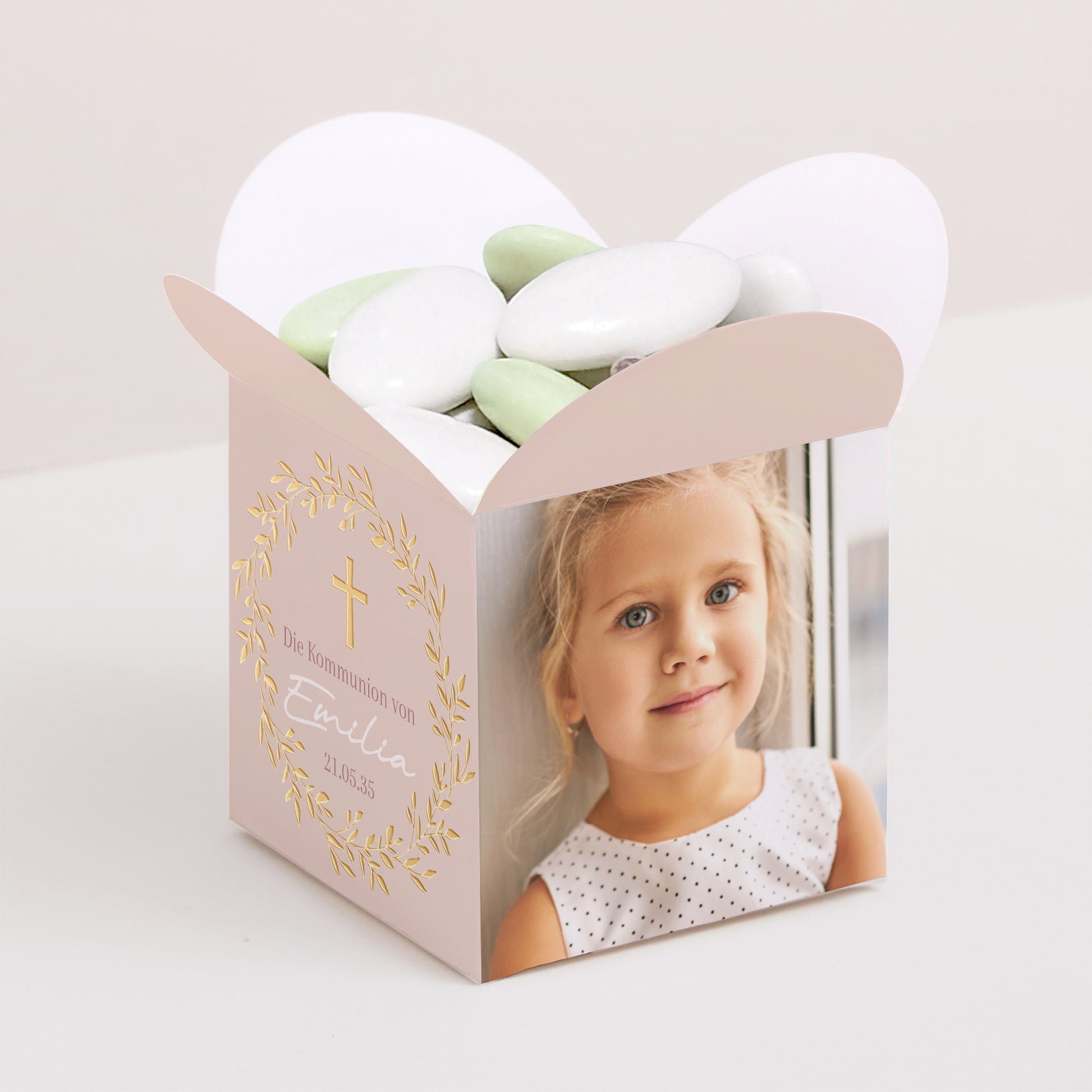 Geschenkbox Kommunion Schmetterlingsöffnung Goldene Rosen Segnung foto N° 1