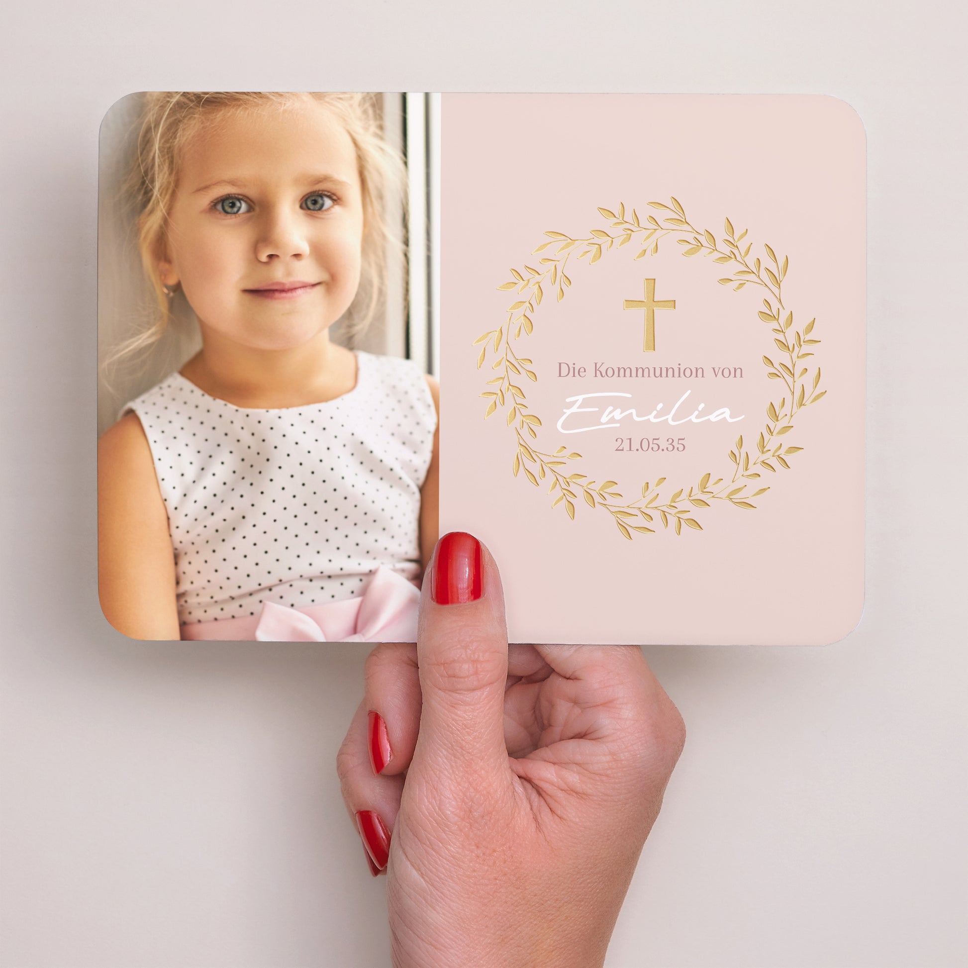 Einladungskarte Kommunion Landschaft, abgerundete Ränder Goldene Rosen Segnung foto N° 2