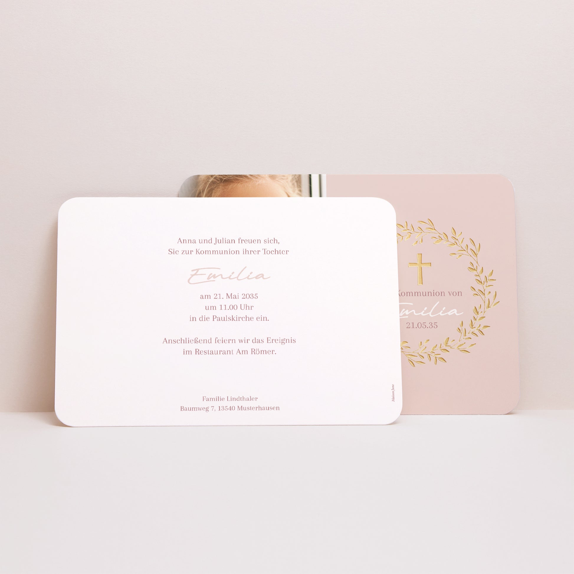 Einladungskarte Kommunion Landschaft, abgerundete Ränder Goldene Rosen Segnung foto N° 3