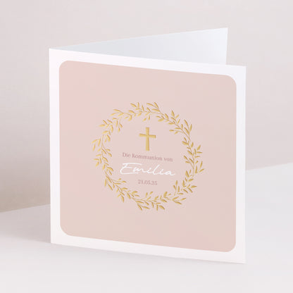 Einladungskarte Kommunion Doppelflügelfenster Goldene Rosen Segnung foto N° 1