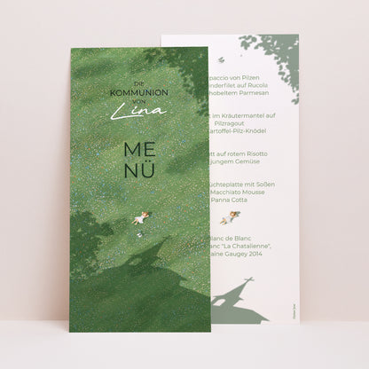 Menükarte Kommunion Panoramatisches Porträt Eine Kommunion im Gras foto N° 1