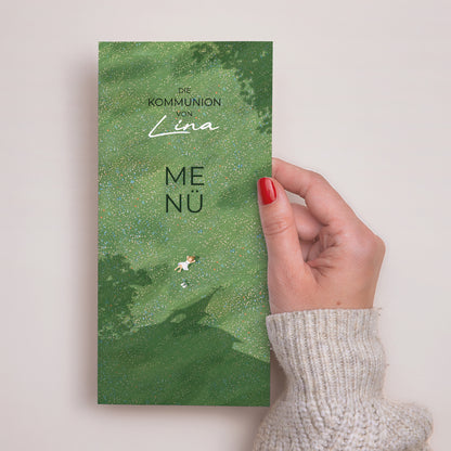 Menükarte Kommunion Panoramatisches Porträt Eine Kommunion im Gras foto N° 2