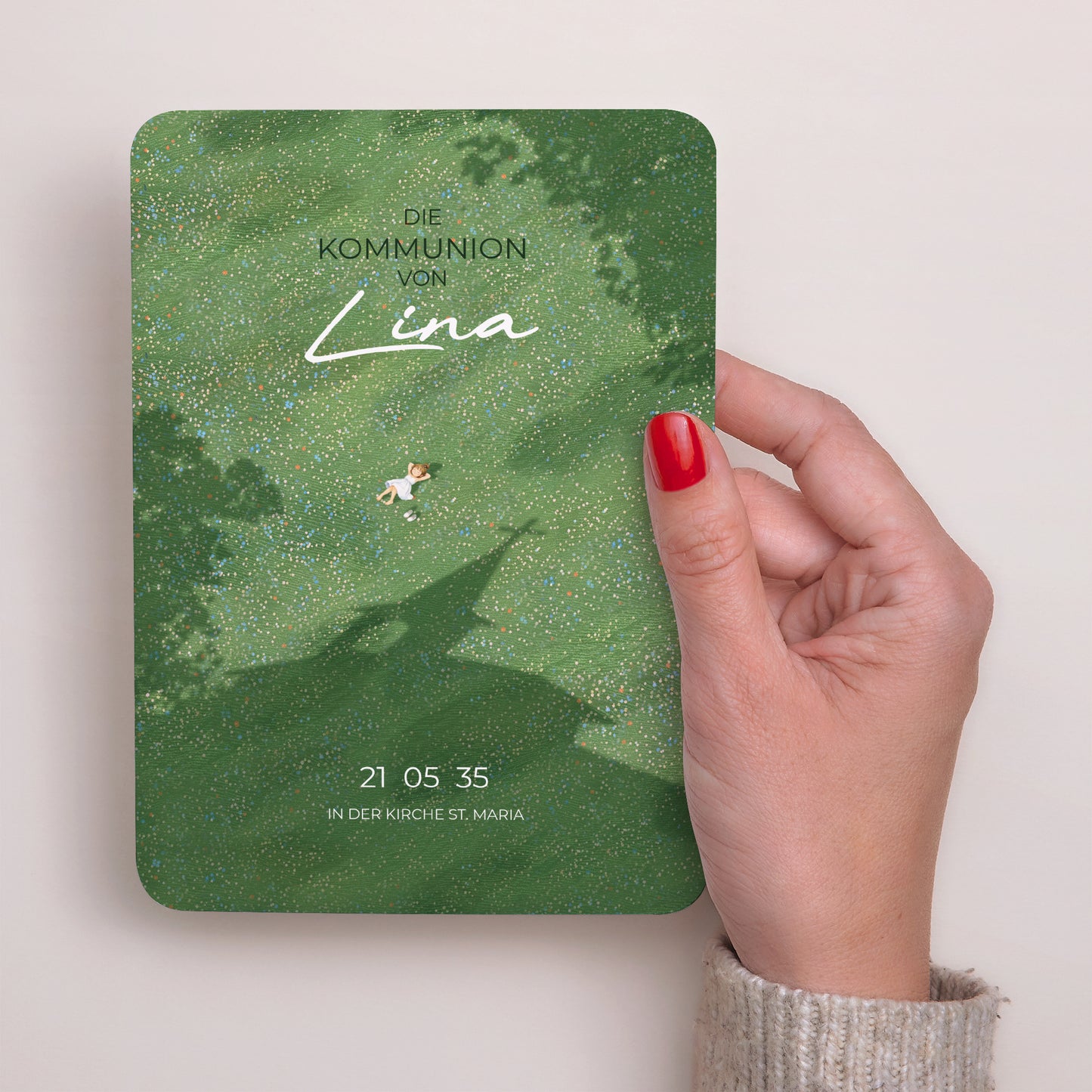 Einladungskarte Kommunion Porträt, abgerundete Kanten Eine Kommunion im Gras foto N° 2