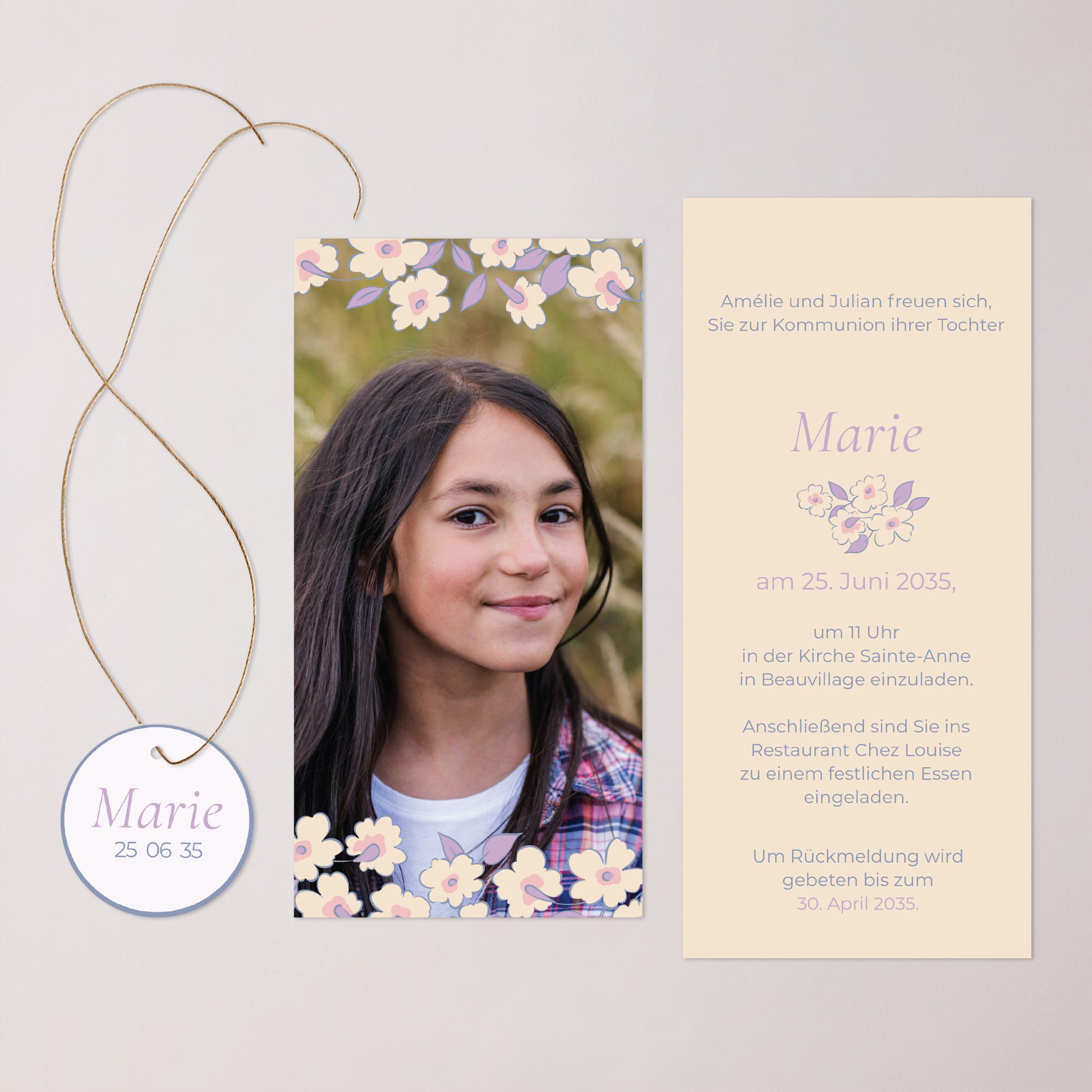 Einladungskarte Kommunion Tasche, 2 Karten, runden Etikett Licht & Zärtlichkeit foto N° 3