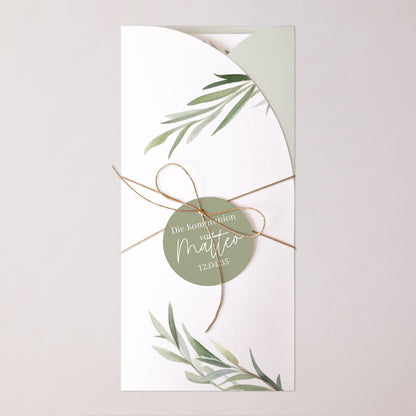 Einladungskarte Kommunion Tasche, 2 Karten, runden Etikett Ölbaum foto N° 1