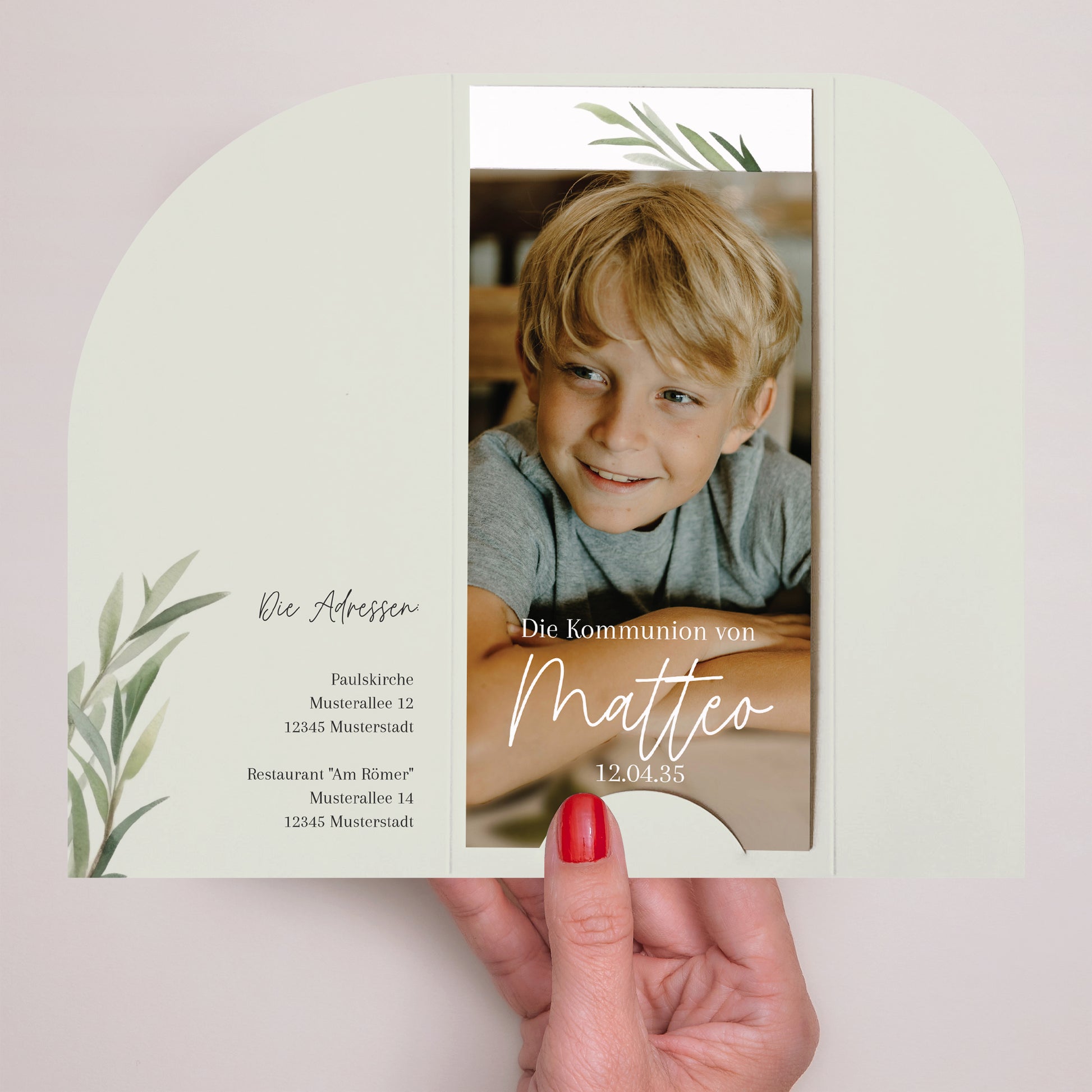 Einladungskarte Kommunion Tasche, 2 Karten, runden Etikett Ölbaum foto N° 2