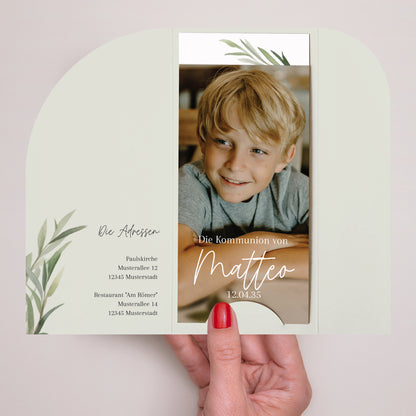 Einladungskarte Kommunion Tasche, 2 Karten, runden Etikett Ölbaum foto N° 2
