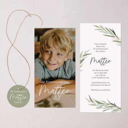 Einladungskarte Kommunion Tasche, 2 Karten, runden Etikett Ölbaum foto N° 3