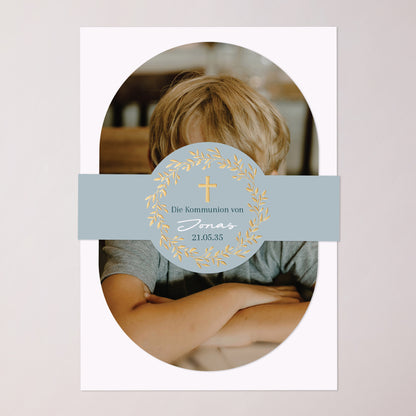 Einladungskarte Kommunion Banner, 2 Karten Goldene blaue Segnung foto N° 1