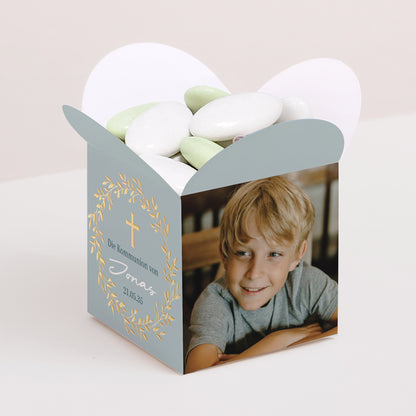 Geschenkbox Kommunion Schmetterlingsöffnung Goldene blaue Segnung foto N° 1