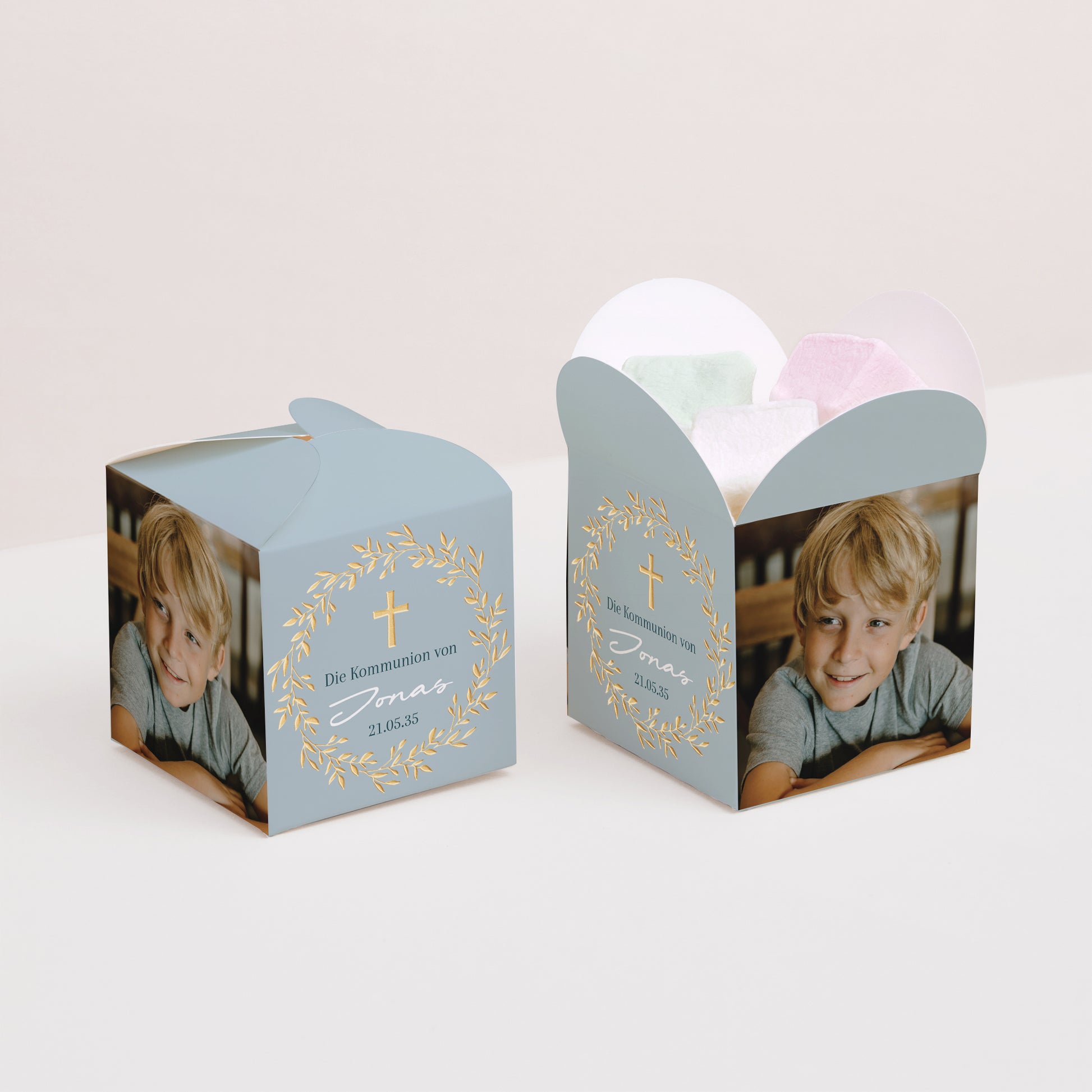 Geschenkbox Kommunion Schmetterlingsöffnung Goldene blaue Segnung foto N° 2