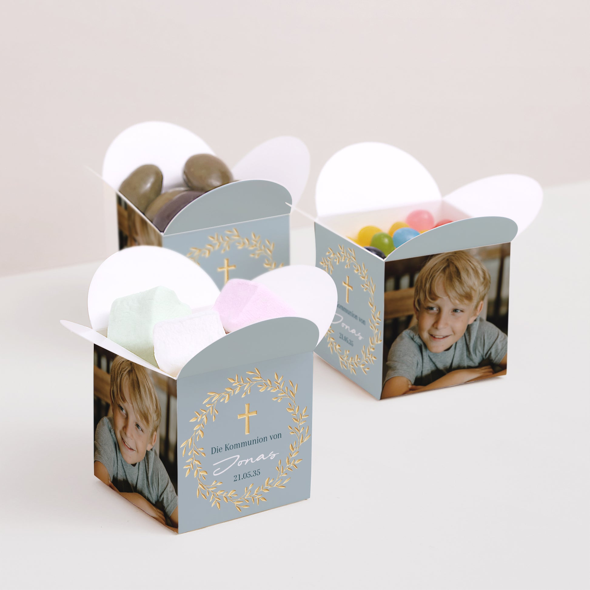 Geschenkbox Kommunion Schmetterlingsöffnung Goldene blaue Segnung foto N° 3