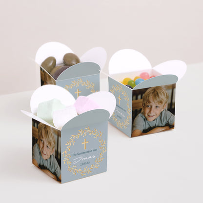 Geschenkbox Kommunion Schmetterlingsöffnung Goldene blaue Segnung foto N° 3
