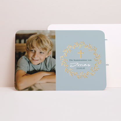 Einladungskarte Kommunion Landschaft, abgerundete Ränder Goldene blaue Segnung foto N° 1