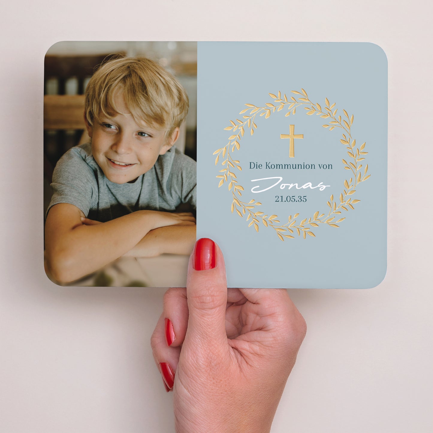 Einladungskarte Kommunion Landschaft, abgerundete Ränder Goldene blaue Segnung foto N° 2