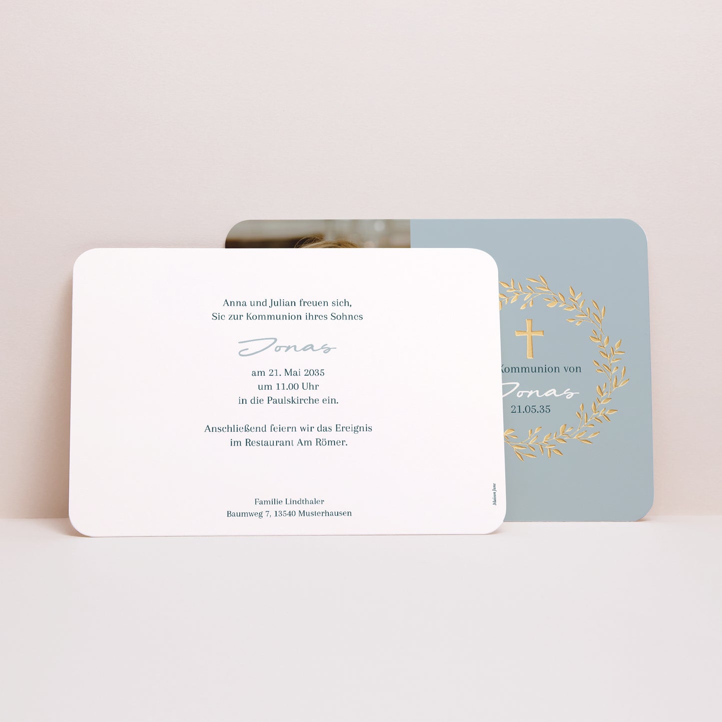 Einladungskarte Kommunion Landschaft, abgerundete Ränder Goldene blaue Segnung foto N° 3