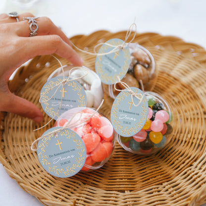 Geschenkbox Kommunion Kugel mit runder Etikette Goldene blaue Segnung foto N° 2