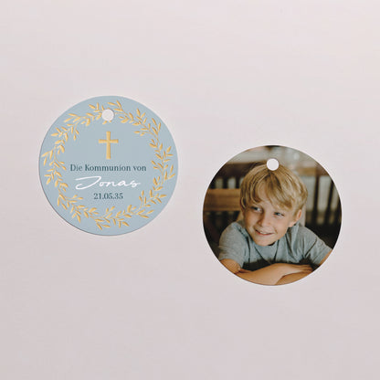 Geschenkbox Kommunion Kugel mit runder Etikette Goldene blaue Segnung foto N° 3