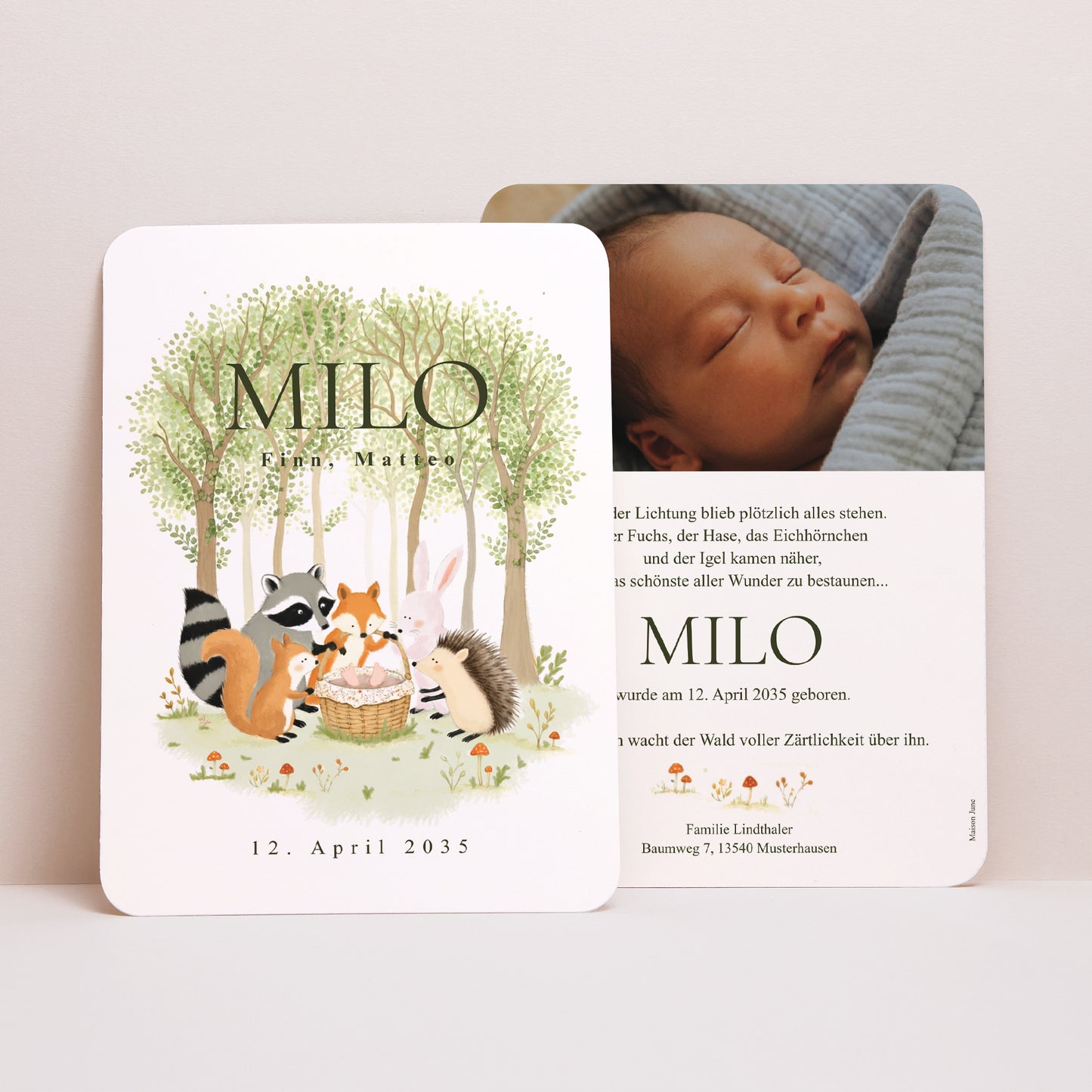 Geburtskarten Porträt, abgerundete Kanten Willkommen in der Lichtung foto N° 1