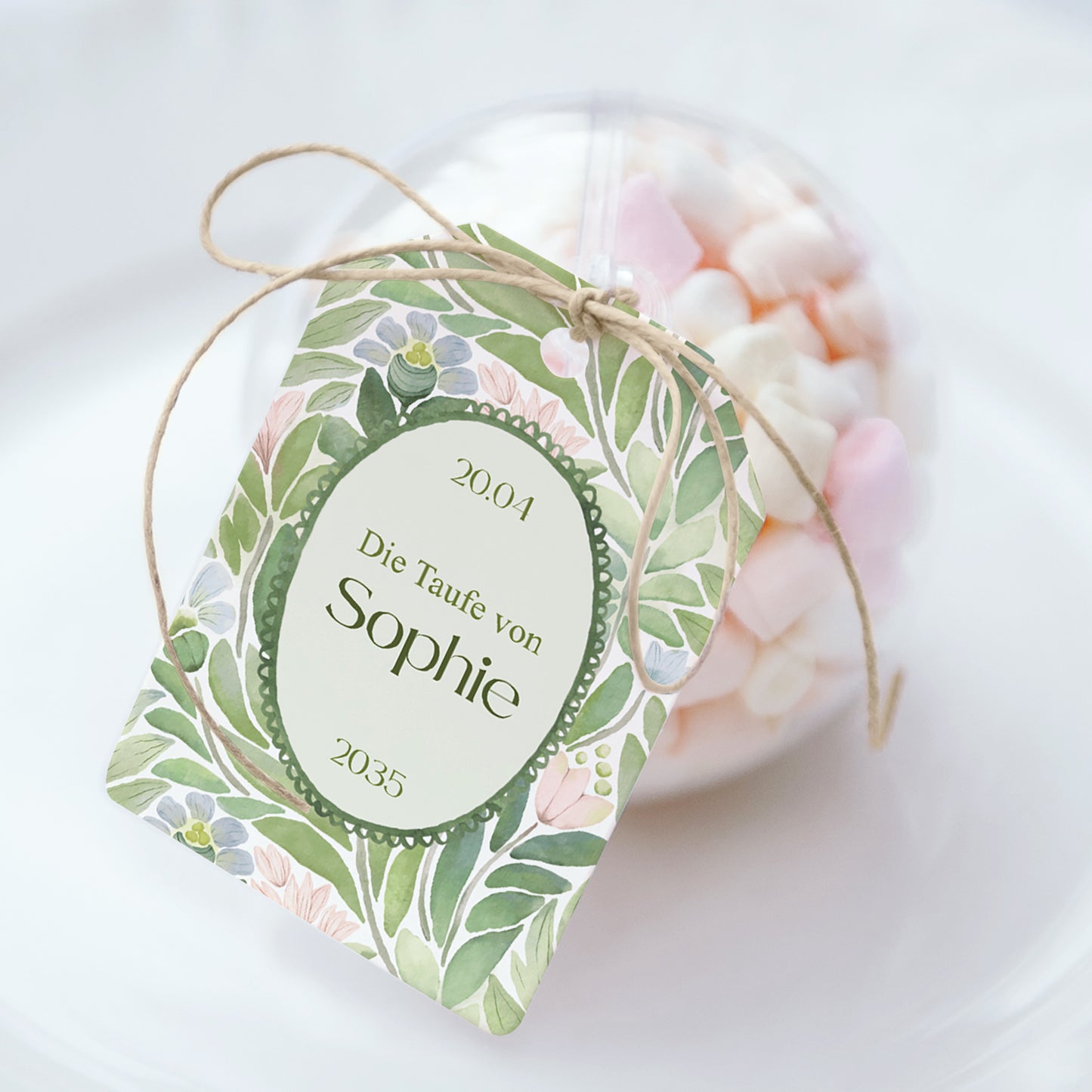 Geschenkbox Taufe Ball mit Wimpel-Etikett Unter den gesegneten Blättern foto N° 1