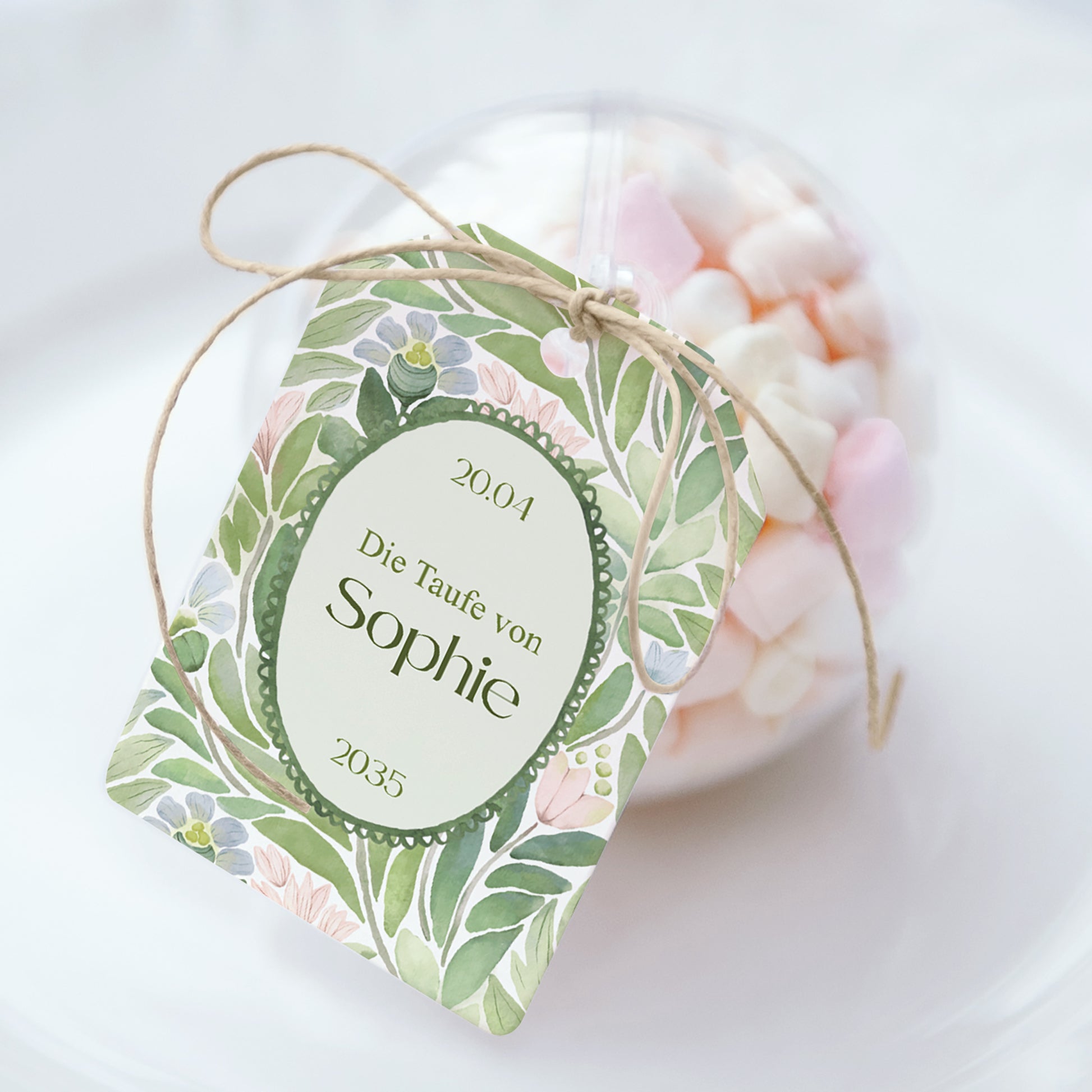 Geschenkbox Taufe Ball mit Wimpel-Etikett Unter den gesegneten Blättern foto N° 1