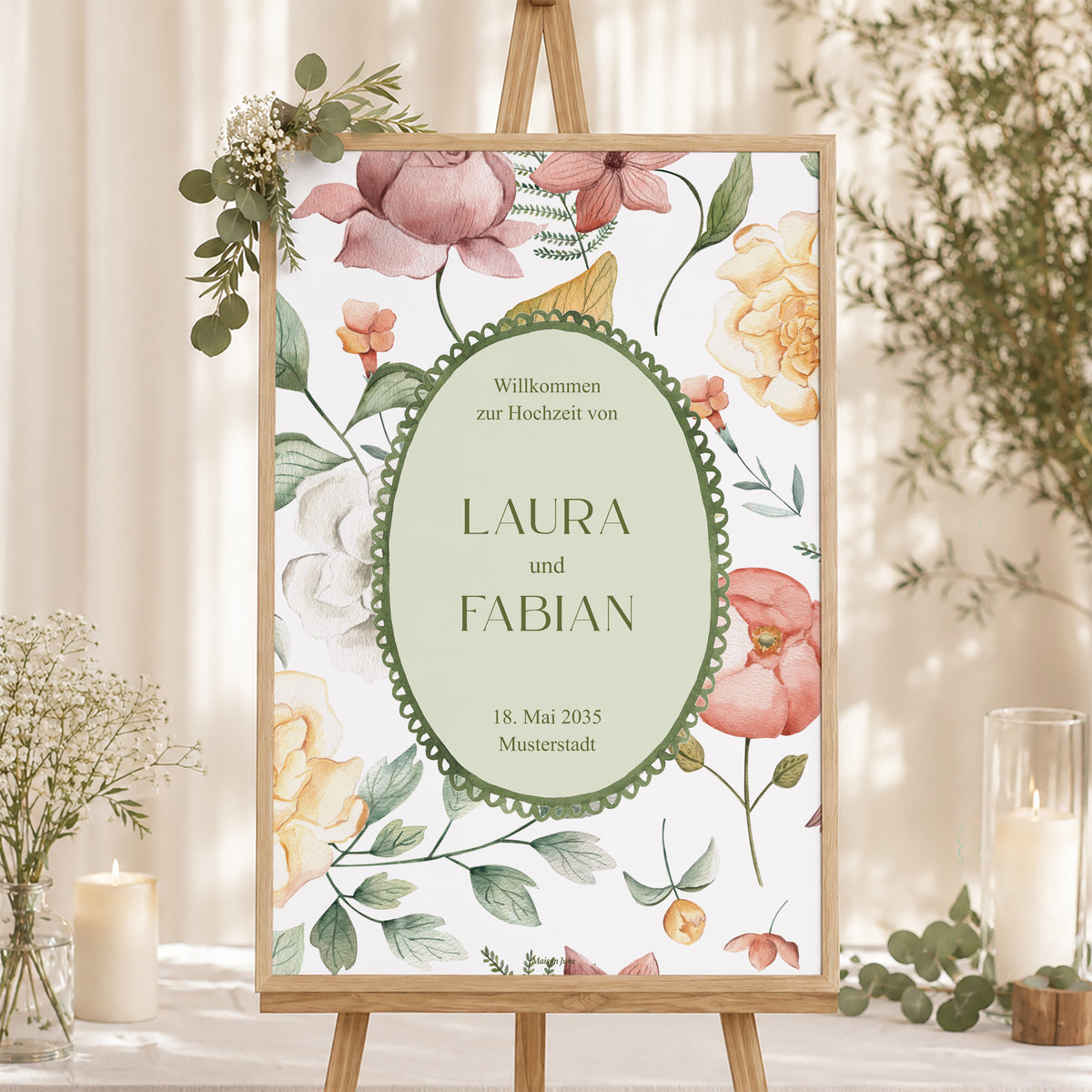 Begrüßungstafel Hochzeit Porträt 60 x 90 cm Liebesgarten foto N° 1