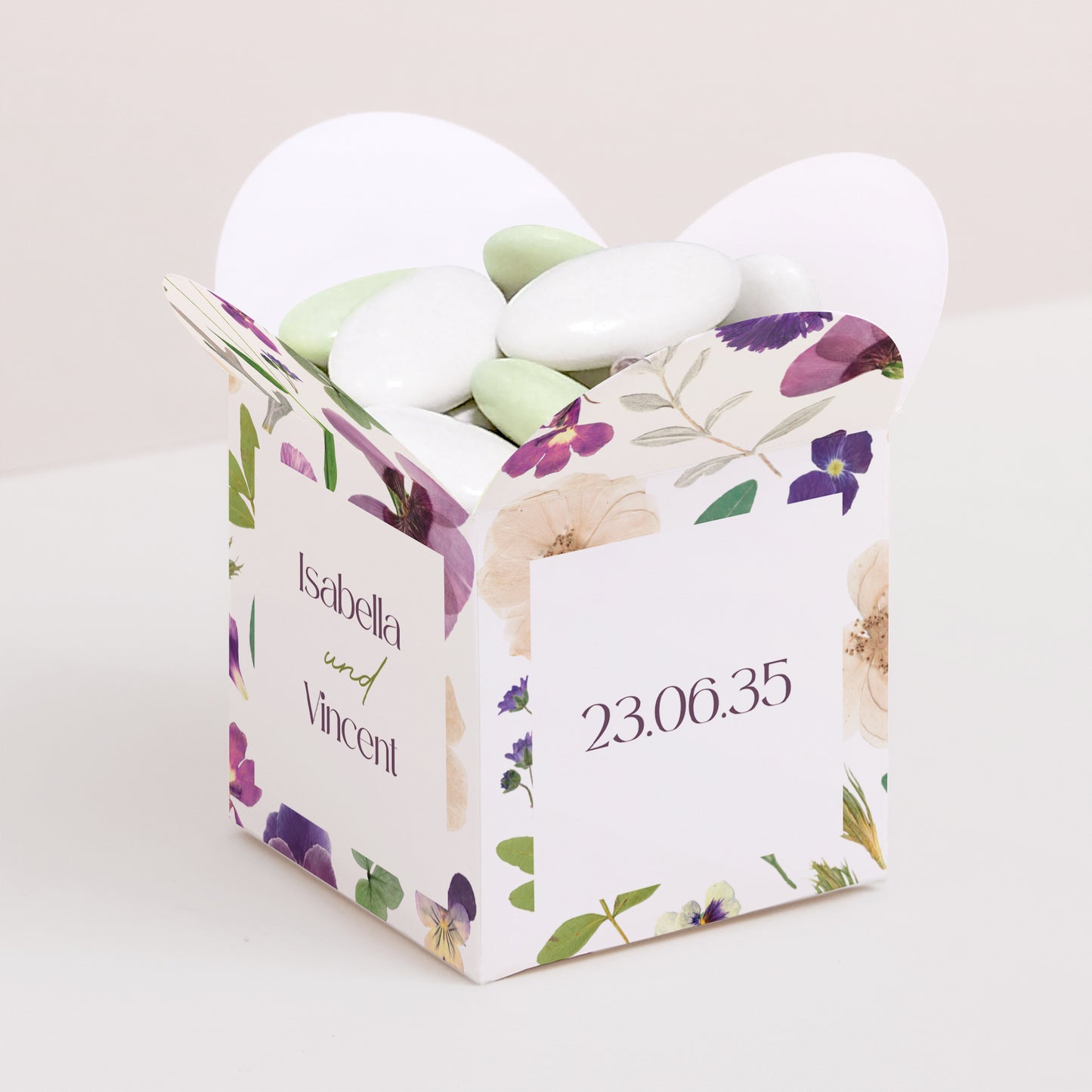 Geschenkbox Hochzeit Schmetterlingsöffnung Blumenrunde foto N° 1