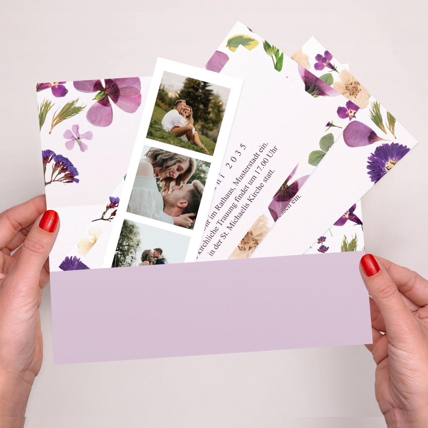 Hochzeitseinladung Rechteckige Tasche, 2 Karten Blumenrunde foto N° 2