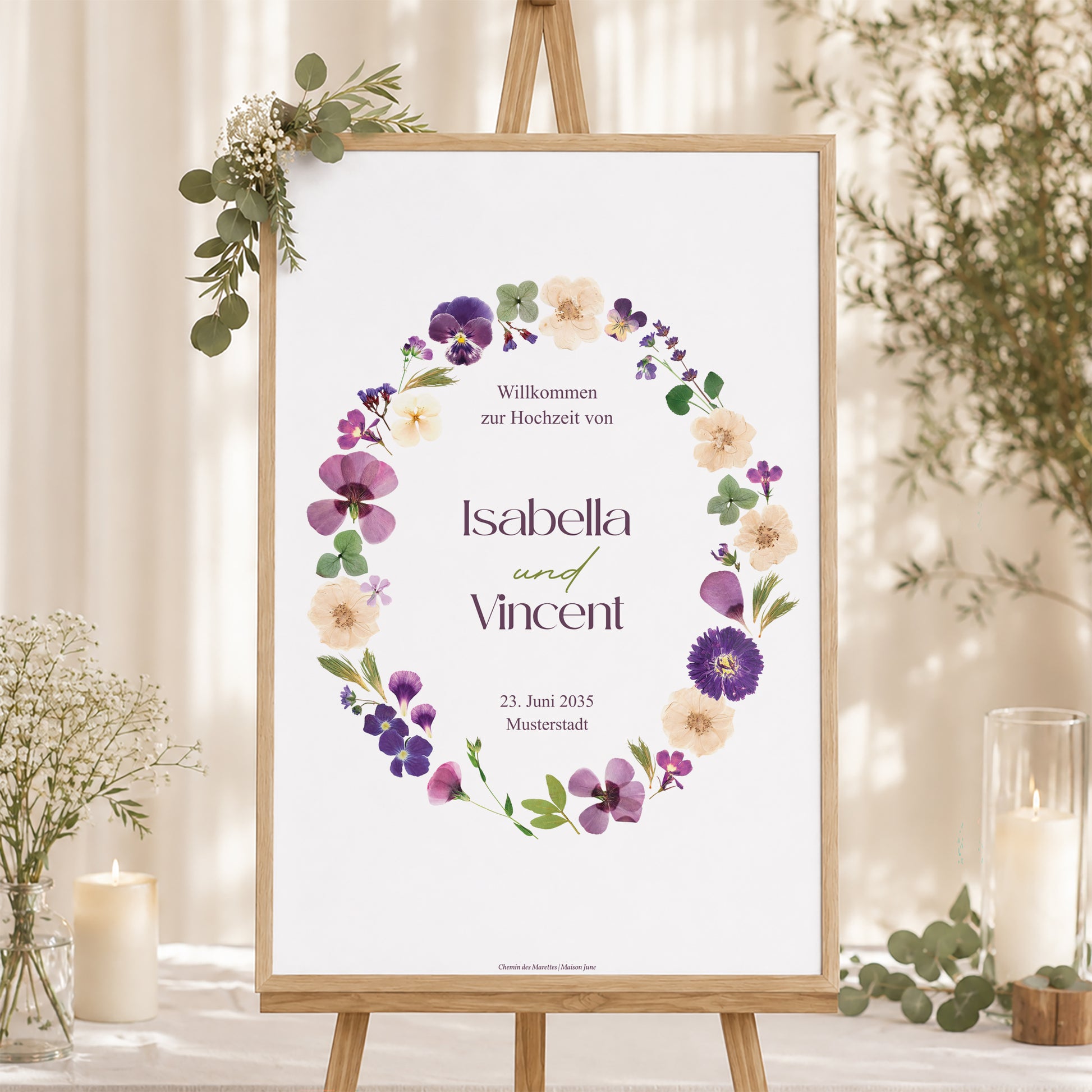 Begrüßungstafel Hochzeit Porträt 60 x 90 cm Blumenrunde foto N° 1