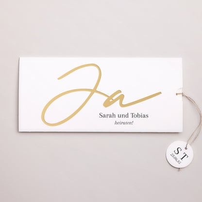 Hochzeitseinladung Mappe 2 Karten, Etikett Goldene Signatur foto N° 1