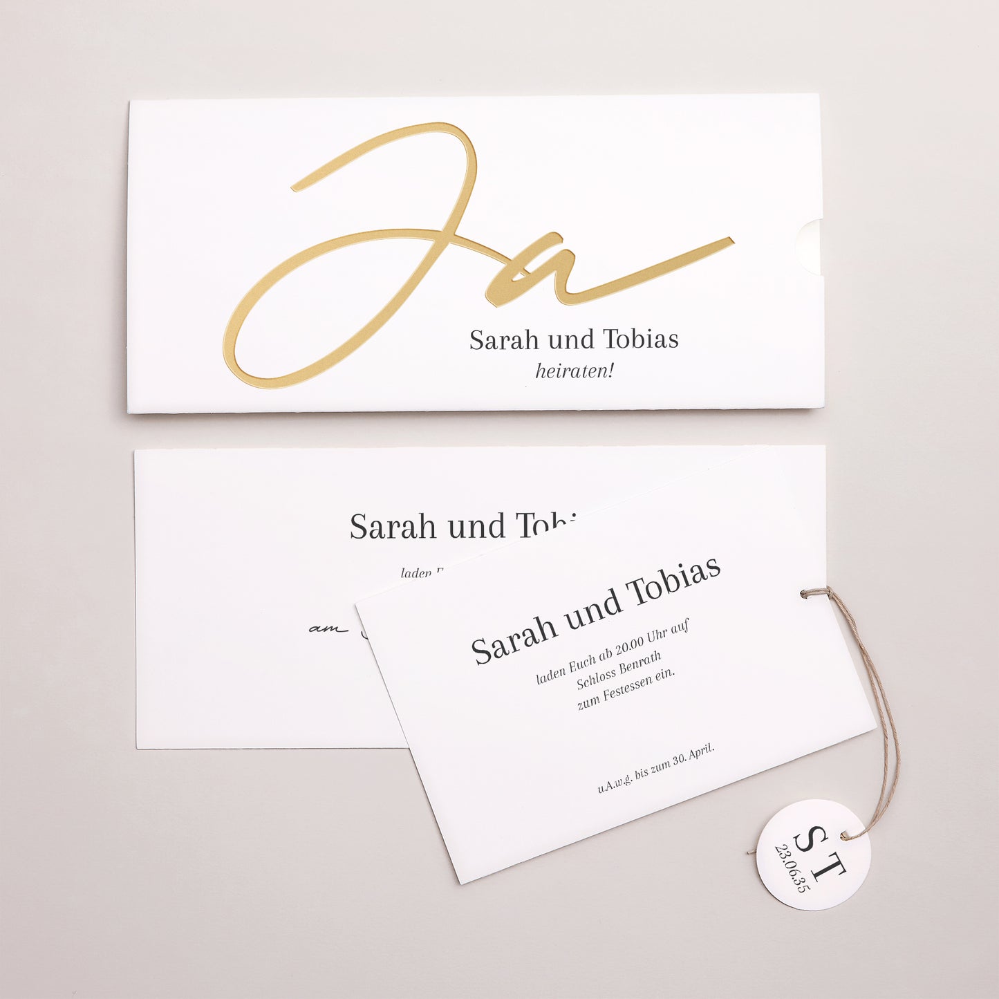 Hochzeitseinladung Mappe 2 Karten, Etikett Goldene Signatur foto N° 3