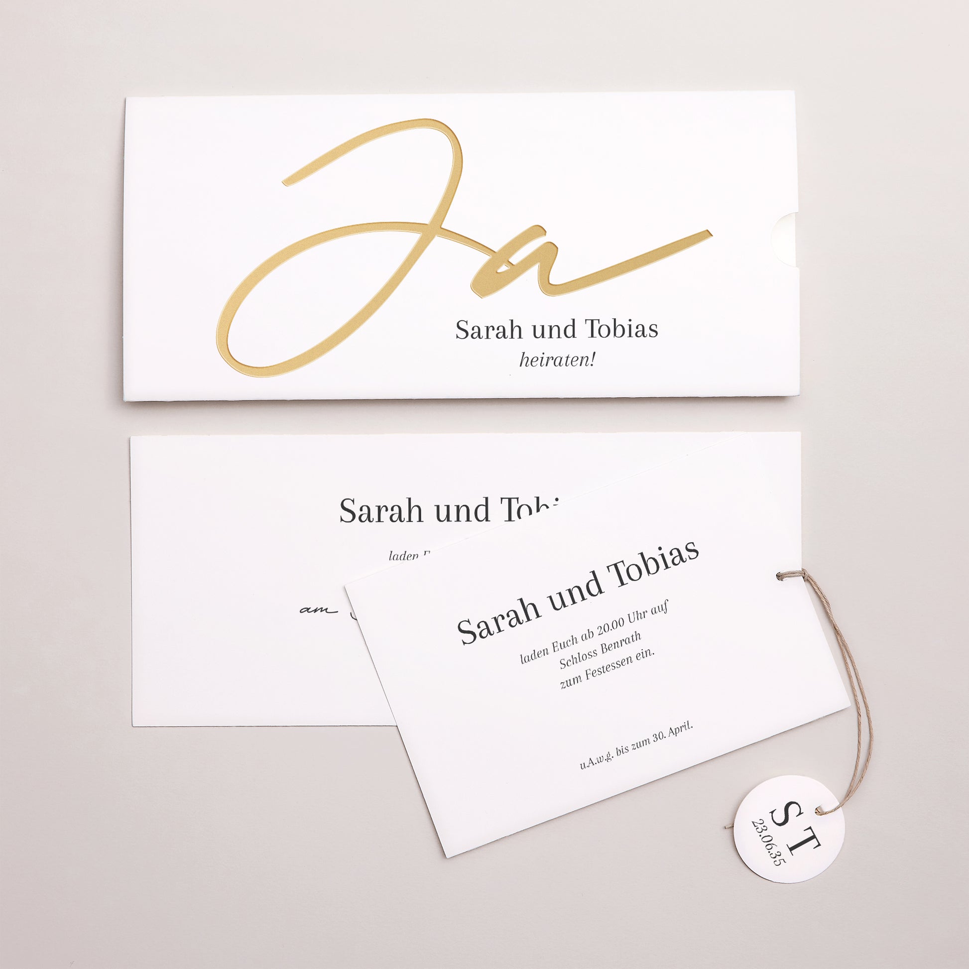 Hochzeitseinladung Mappe 2 Karten, Etikett Goldene Signatur foto N° 3