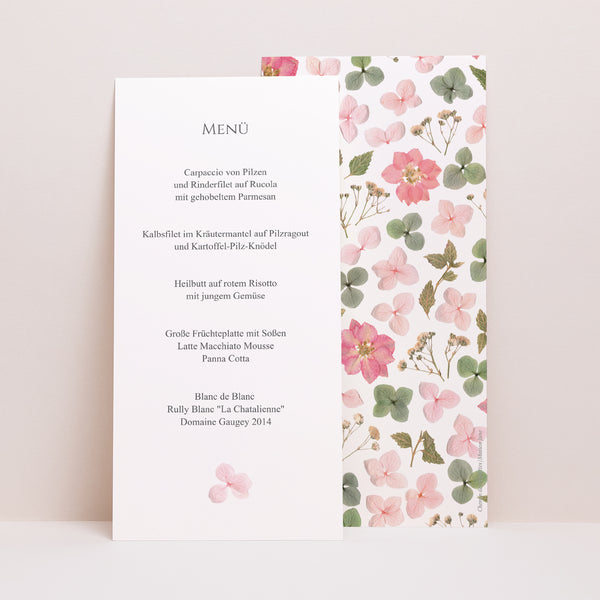 Hochzeitsmenü Panoramisches Porträt Florale Poesie foto