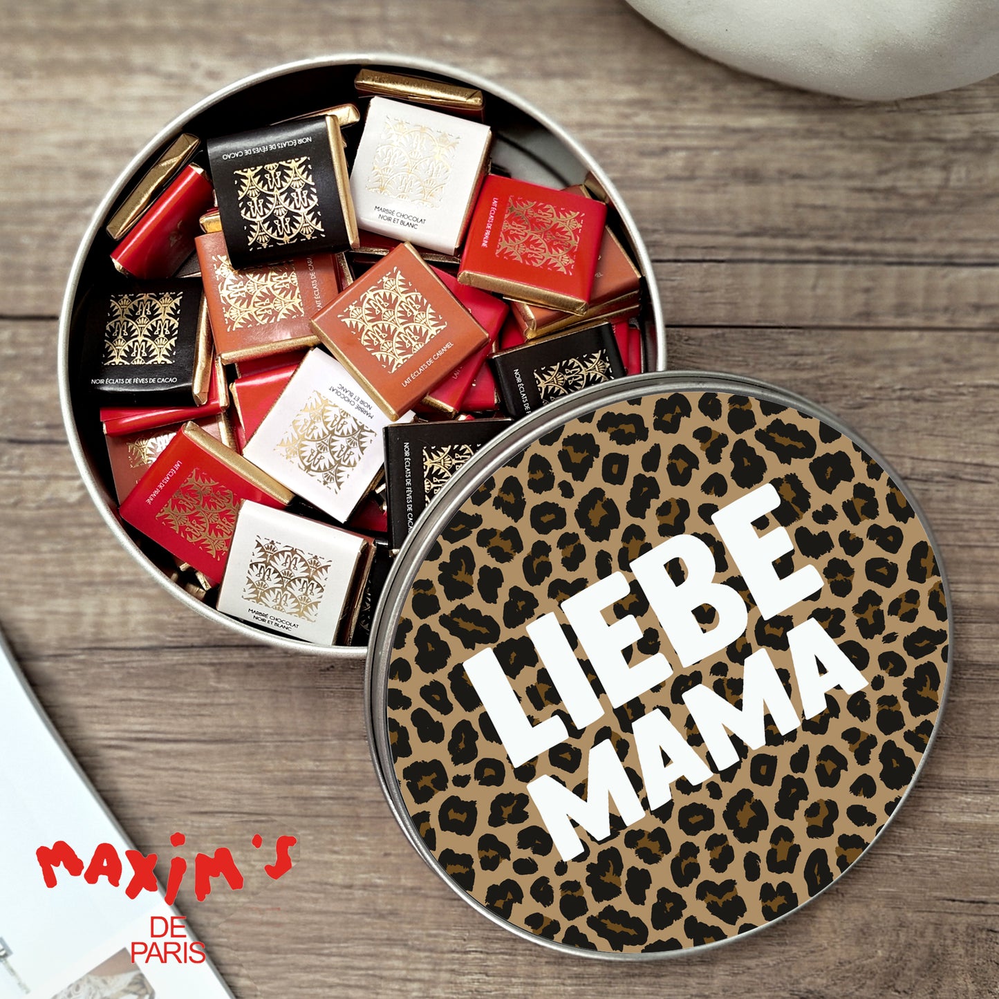 Metalldose Objekte runde, mit Schokolade gefüllt Mama der Liebe Leopard foto N° 1