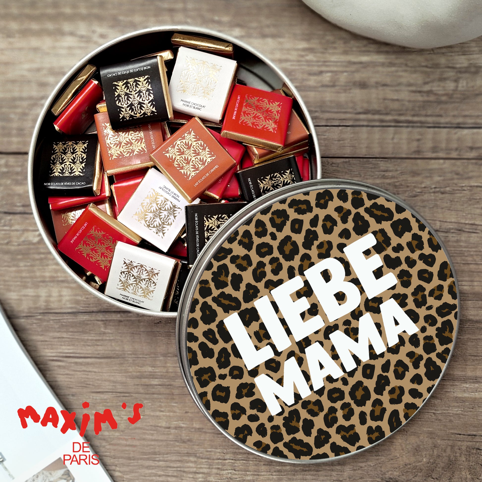 Metalldose Objekte runde, mit Schokolade gefüllt Mama der Liebe Leopard foto N° 1