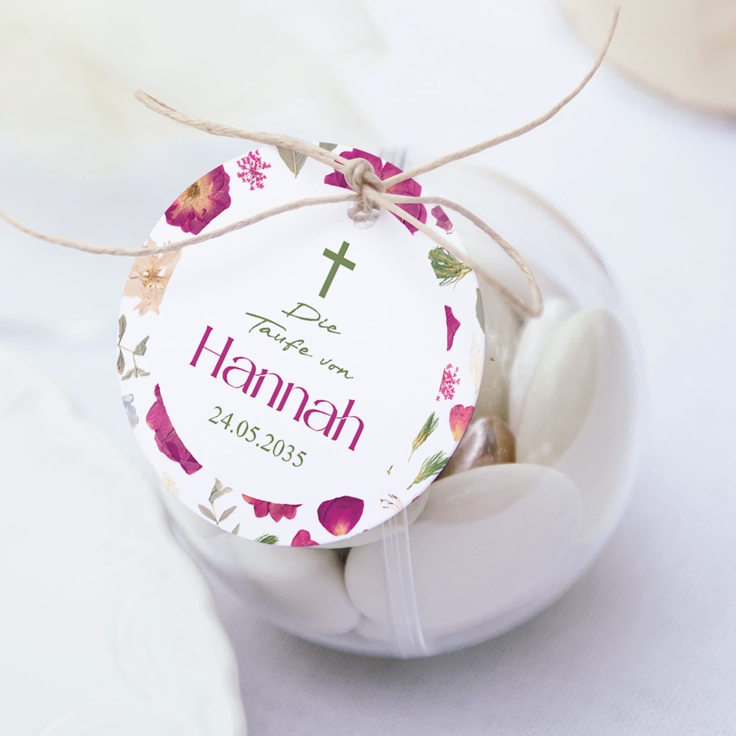 Geschenkbox Taufe Kugel mit runder Etikette Kleine Süßigkeiten foto N° 1