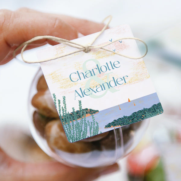 Geschenkbox Hochzeit Kugel mit quadratischem Etikett Azurtraum foto