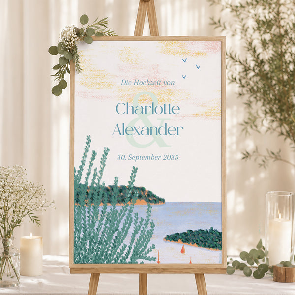 Begrüßungstafel Hochzeit Porträt 60 x 90 cm Azurtraum foto