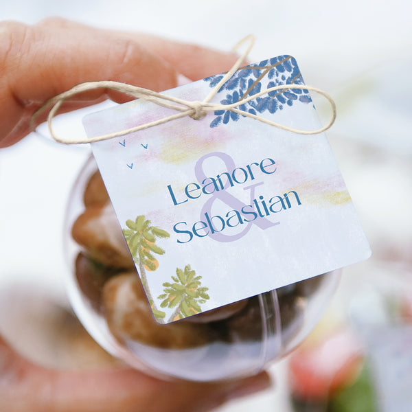 Geschenkbox Hochzeit Kugel mit quadratischem Etikett Provenzalischer Ausflug foto