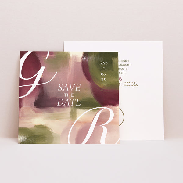 Save the date Karte Hochzeit Quadrat Pflaume und Olive foto