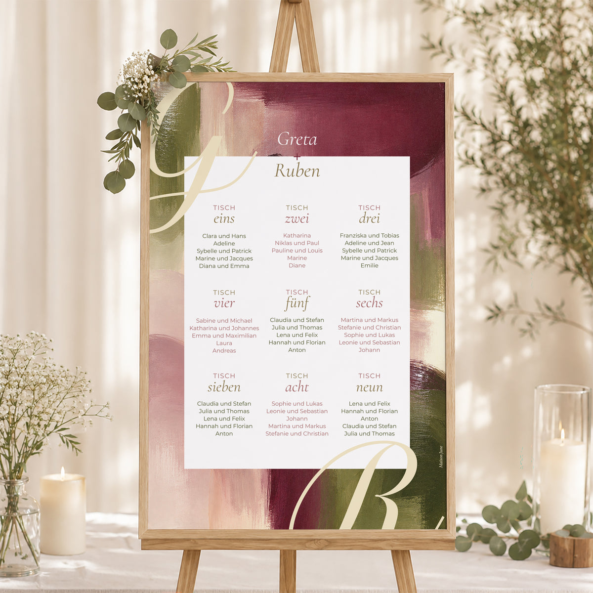 Sitzplan Hochzeit Porträt 60 x 90 cm Pflaume und Olive foto N° 1