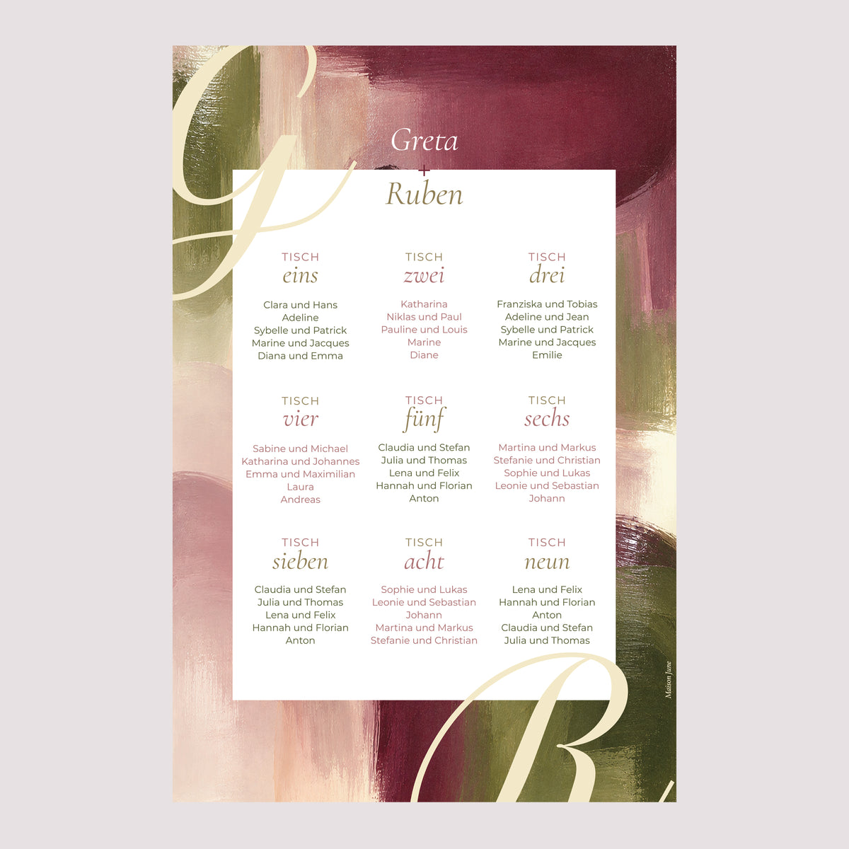 Sitzplan Hochzeit Porträt 60 x 90 cm Pflaume und Olive foto N° 2
