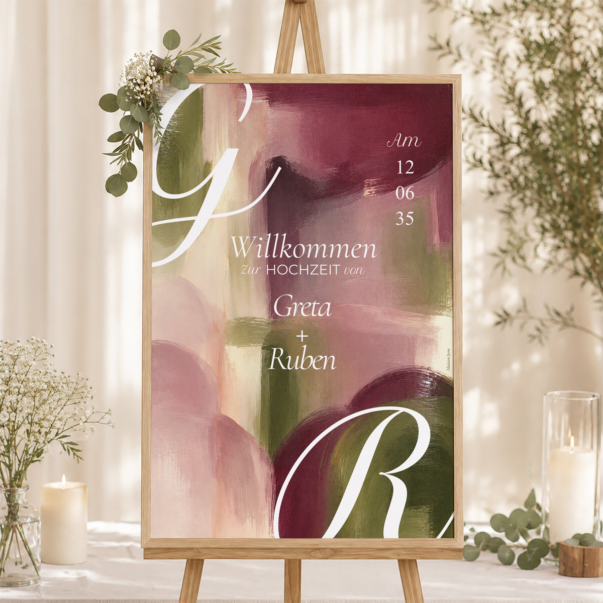 Begrüßungstafel Hochzeit Porträt 60 x 90 cm Pflaume und Olive foto N° 1