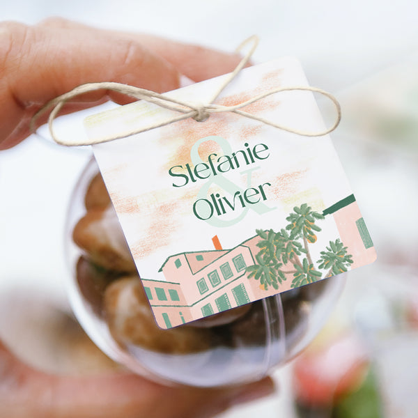 Geschenkbox Hochzeit Kugel mit quadratischem Etikett Fenster zum Süden foto