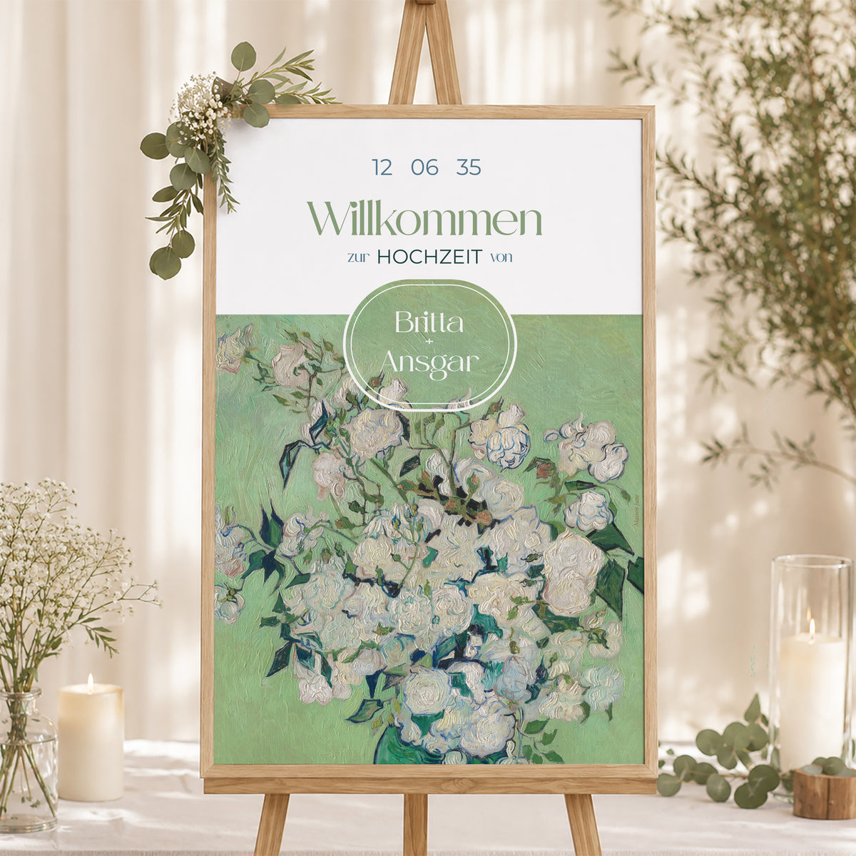 Begrüßungstafel Hochzeit Porträt 60 x 90 cm Der grüne Blumenstrauß foto N° 1