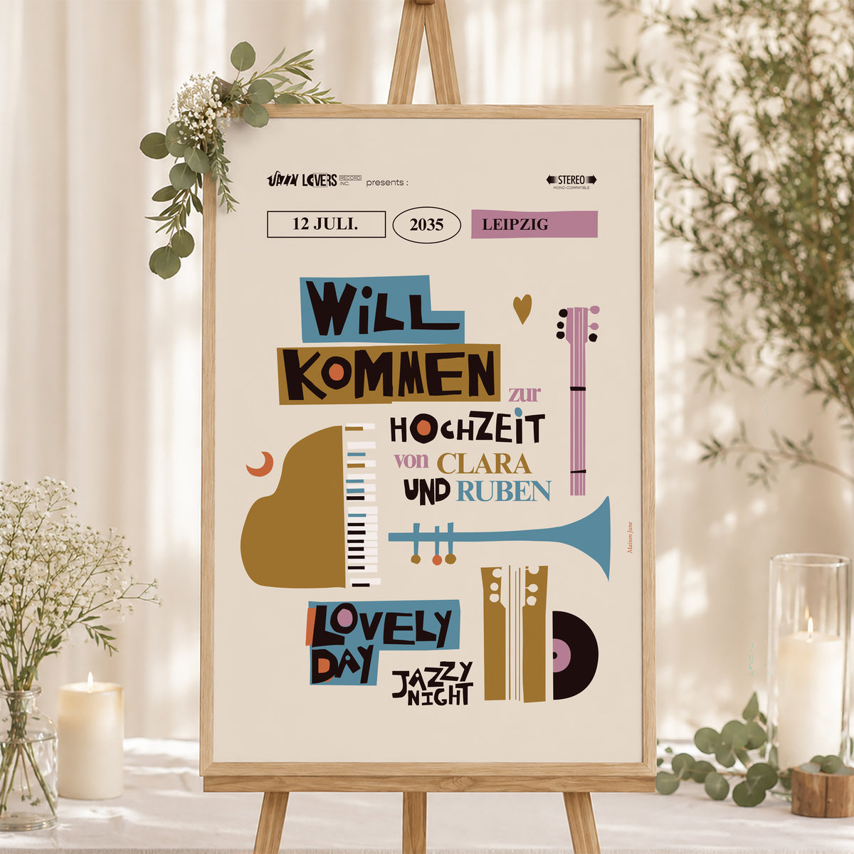 Begrüßungstafel Hochzeit Porträt 60 x 90 cm Jazzy Lovers foto N° 1