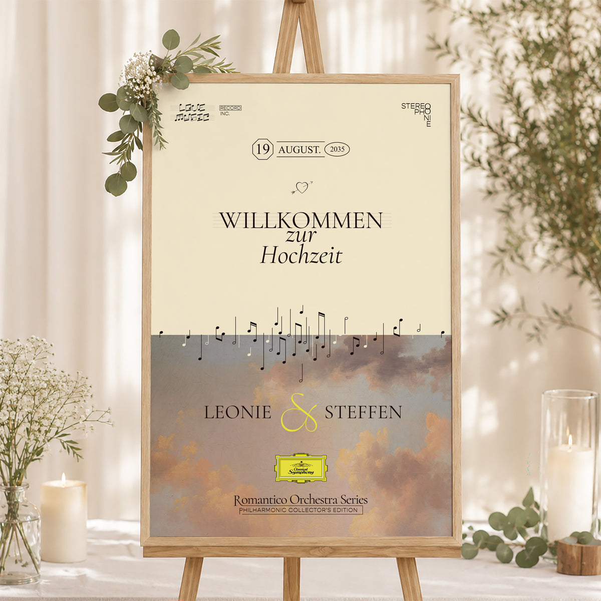 Begrüßungstafel Hochzeit Porträt 60 x 90 cm Symphonie der Liebe foto N° 1
