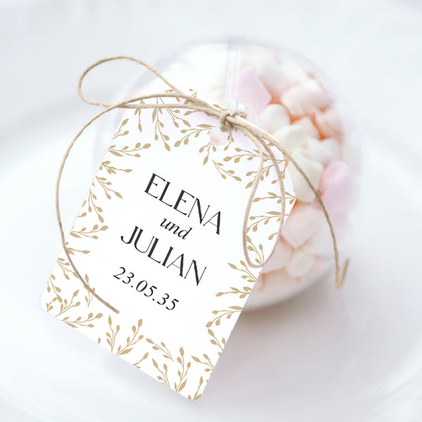Geschenkbox Hochzeit Ball mit Wimpel-Etikett Goldene Zweige foto
